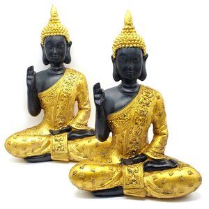 2 Buddha Statues Figurines Meditation Altar Zen Feng Shui Decor 11” Black & Gold